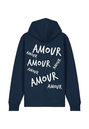 Navy blue hoodie made of cotton with a textured finish. Features large white text reading "AMOUR" in various orientations across the back.