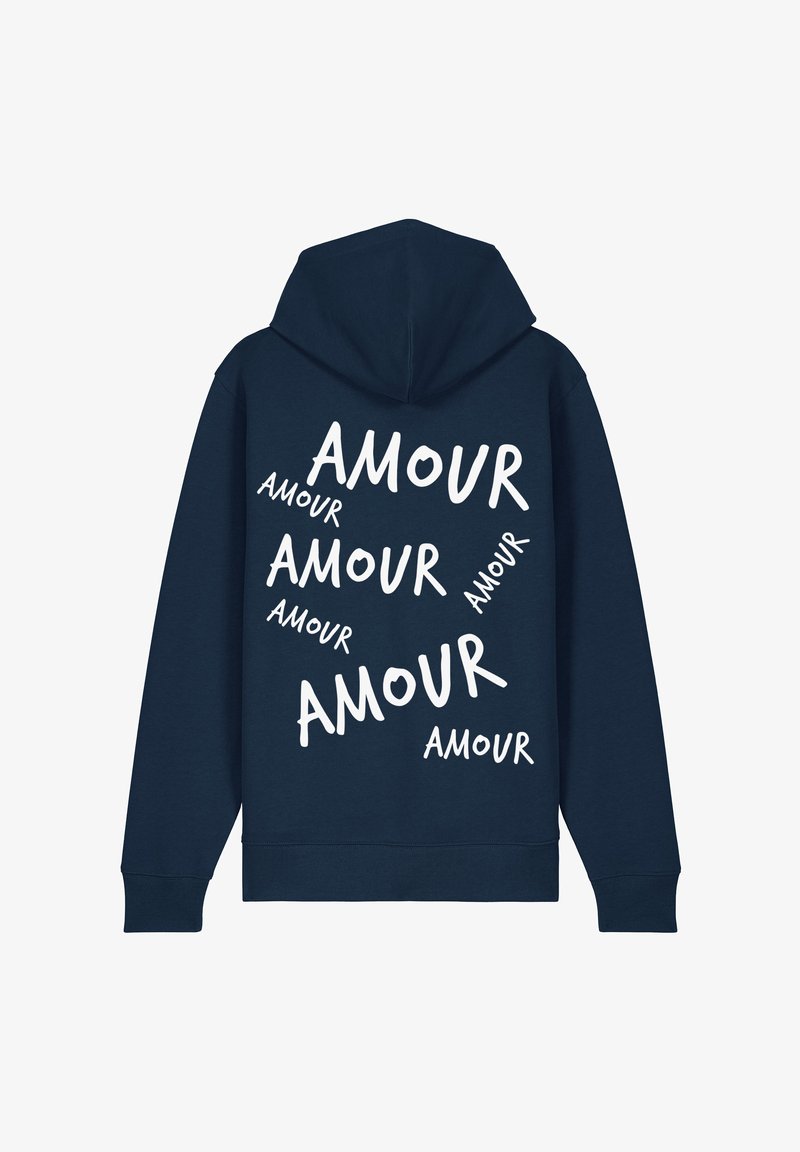 Felpa blu navy realizzata in cotone con una finitura testurizzata. Presenta un grande testo bianco che recita "AMOUR" in diverse orientazioni sulla parte posteriore.