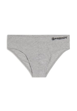 Slip grigio in cotone con una texture liscia, caratterizzato da un logo sulla cintura e un design semplice e funzionale.