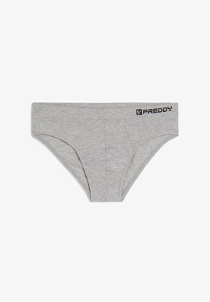 Slip grigio in cotone con una texture liscia, caratterizzato da un logo sulla cintura e un design semplice e funzionale.