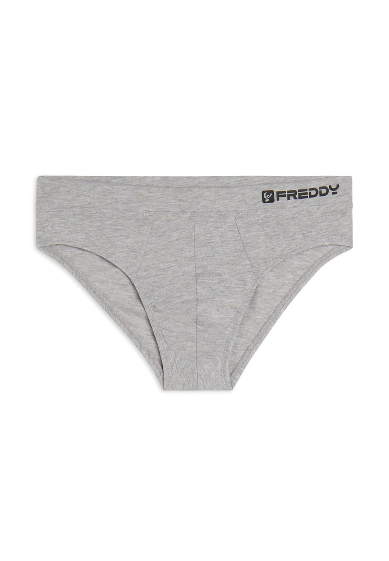 Slip grigio in cotone con una texture liscia, caratterizzato da un logo sulla cintura e un design semplice e funzionale.