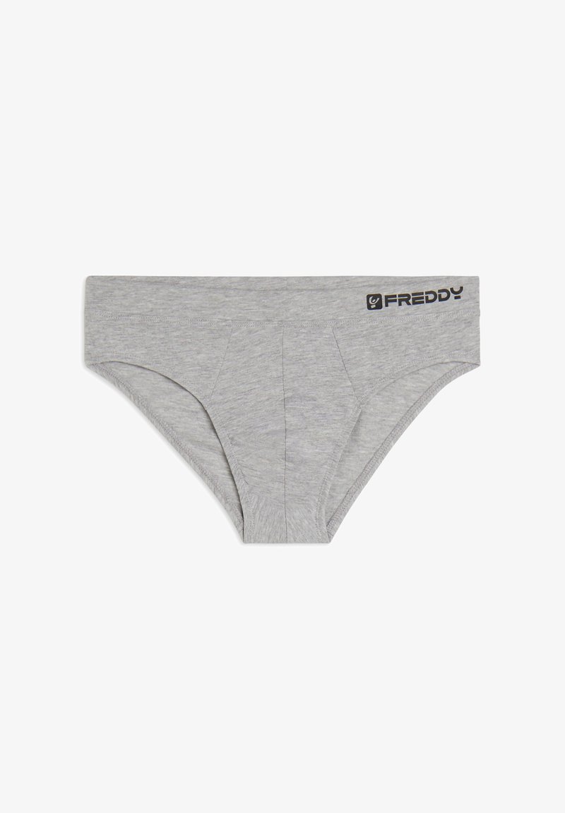 Slip grigio in cotone con una texture liscia, caratterizzato da un logo sulla cintura e un design semplice e funzionale.