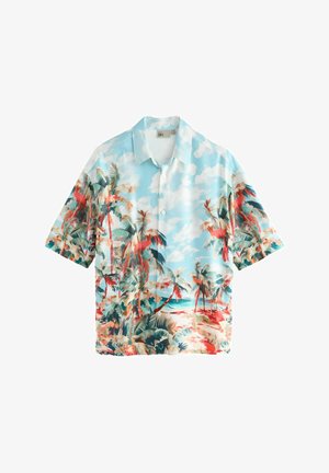 Košile s krátkým rukávem ve světlomodré barvě se zavedeným exotickým designem, který obsahuje červené a zelené palmy a scénu pláže. Zapínání na knoflíky.