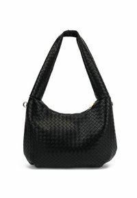 Melnas austas ādas rokassomi ar noapaļotu formu, biezām plecu siksnām un rāvējslēdzēja augšu. Izceļas ar teksturētu virsmu un smalku spīdumu.