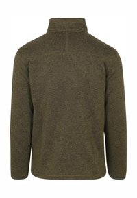 Olijfgroene fleece jas met een hoge kraag, lange mouwen en een gestructureerde afwerking. Heeft een rechte zoom en geen zichtbare hardware.