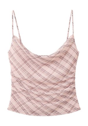 Top à fines bretelles rose clair avec un motif à carreaux doux en lignes roses plus foncées et un design avant légèrement froncé.