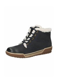 Bottes chelsea noires en cuir avec un col en fourrure blanche pelucheux, œillets dorés et une semelle en caoutchouc texturée. Présente un design simple et sportif.