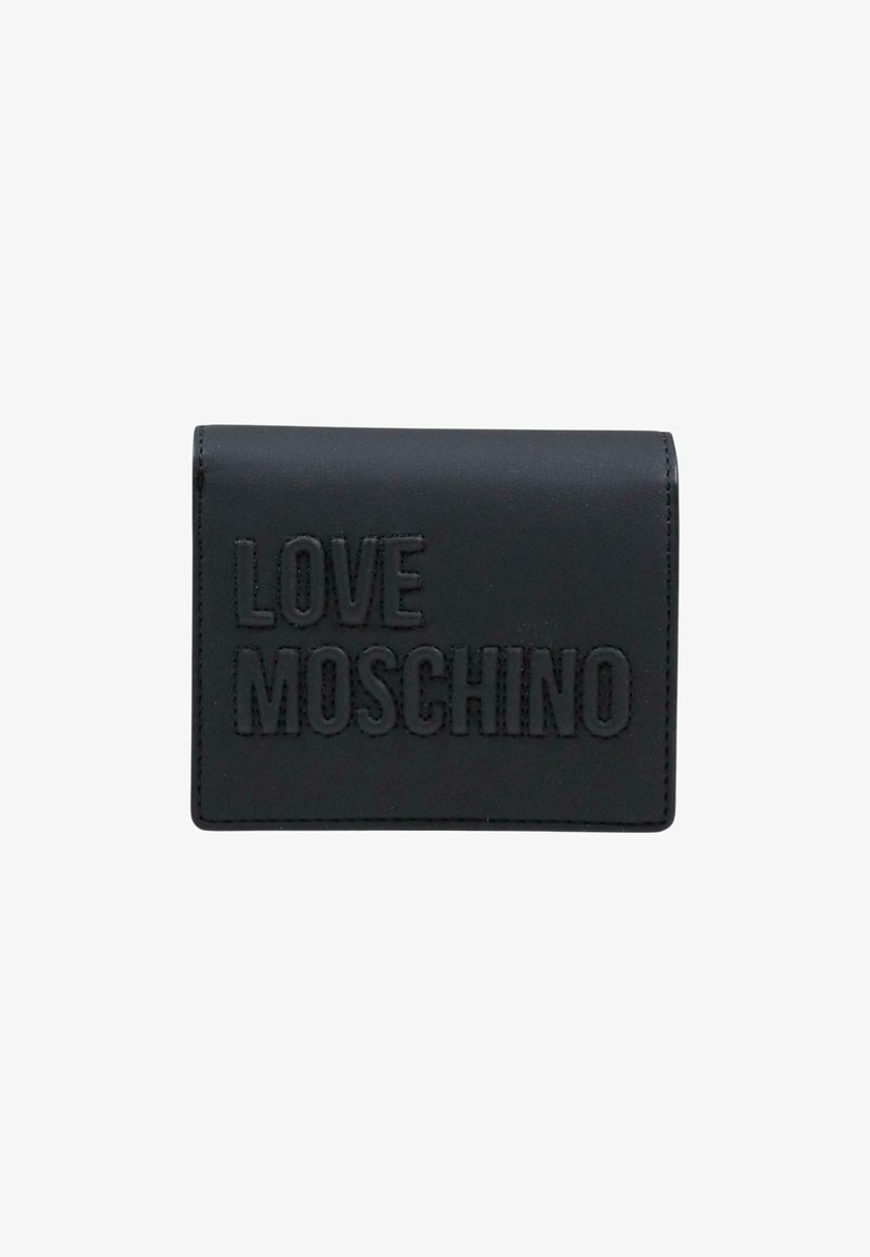 Portefeuille en cuir noir avec logo embossé "LOVE MOSCHINO" sur le rabat avant, forme rectangulaire, design simple.