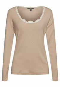 Maglia beige a maniche lunghe realizzata in tessuto morbido, con scollo in pizzo a scallop e silhouette aderente. Nessun motivo o decorazione aggiuntivi.