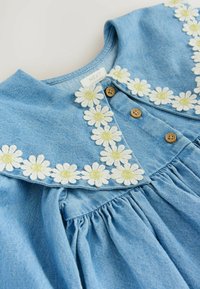 Jeanskleid aus blauer Stoff, mit einem floral gestickten Kragen und drei Holzknöpfen vorne. Plissiertes Rockdetail.