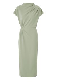 Mouwloze midi-jurk in saliegroen met een boothals en asymmetrisch gedrapeerde plooien op het lijfje, nauwsluitende taille, rechte rok.