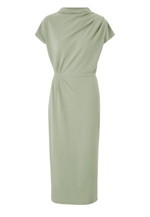 Mouwloze midi-jurk in saliegroen met een boothals en asymmetrisch gedrapeerde plooien op het lijfje, nauwsluitende taille, rechte rok.