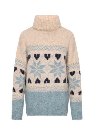 Gebreide pullovertrui met een beige basis, voorzien van lichtblauwe en marineblauwe sneeuwvlok- en hartpatronen. Hoge kraag en geribbelde manchetten.