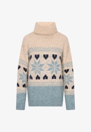Beige alapú kötött pulcsi, világoskék és tengerészkék hópehely és szív mintákkal. Magas nyakkal és bordázott mandzsettákkal.