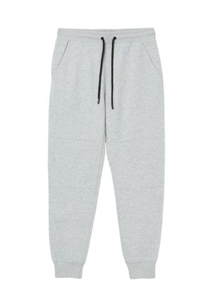 Pantalons de survêtement gris clair en tissu doux, avec une taille à cordon de serrage, des poches latérales et des poignets resserrés aux chevilles.