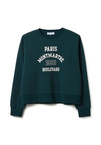 Sudadera verde oscuro con texto blanco que dice "PARÍS MONTMARTRE 1993 BOULEVARD" en el frente, cuello redondo y mangas largas.