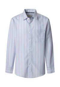 Light blue long-sleeve shirt with red and white vertical stripes. Features a button-down collar, a chest pocket, and a curved hem.