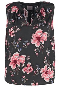 Blouse noire sans manches avec un motif floral rose et bleu et une petite ouverture en V à l'avant.
