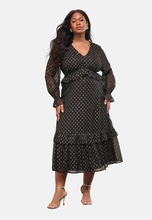 PLUS SIZE FIT - METALLIC SPOT V-NECK RUFFLE MIDI - Hverdagskjole - black