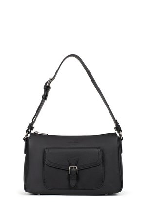 Zwarte leren handtas met een gestructureerde oppervlakte, een voorflapzak en een afneembare verstelbare schouderband. Heeft zilverkleurige hardware accenten.