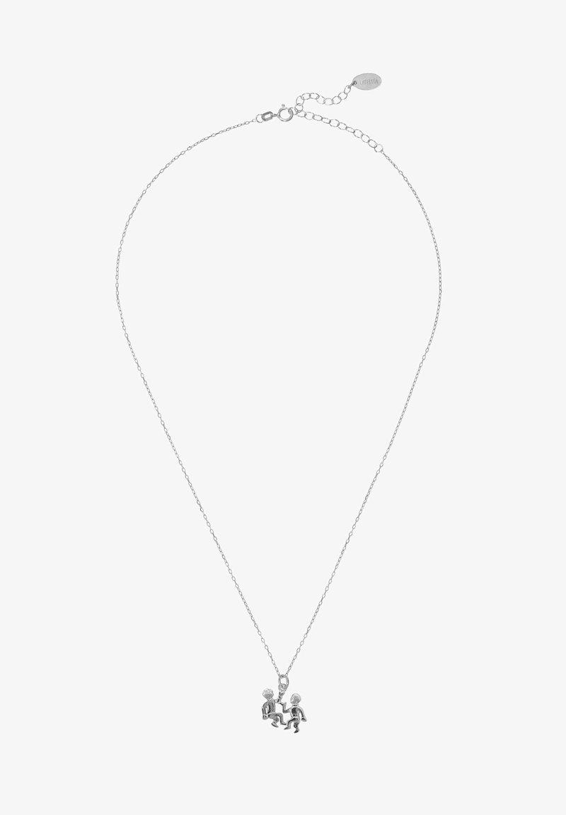 Silver chain necklace featuring two playful figures as a pendant, with a delicate, twisted texture and a lobster clasp closure.