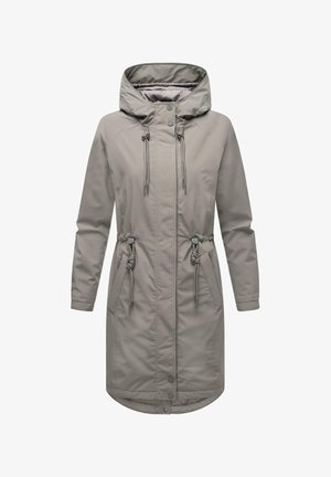 Lichtgrijze buitenjas, middellang, met een capuchon, verstelbare trekkoorden in de taille en drukknoopjes aan de voorkant en bij de manchetten.