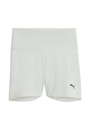 Jasnoszare spodenki sportowe z wysokim stanem i małym czarnym logo Puma na dolnej prawej nodze.