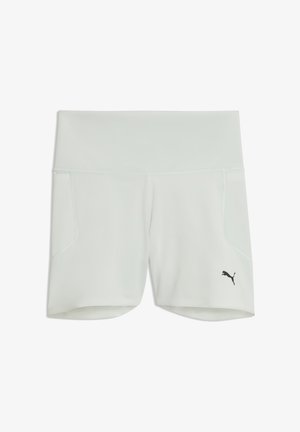 Lichtgrijze sportshorts met een hoge tailleband en klein zwart Puma-logo op het onderste rechterbeen.