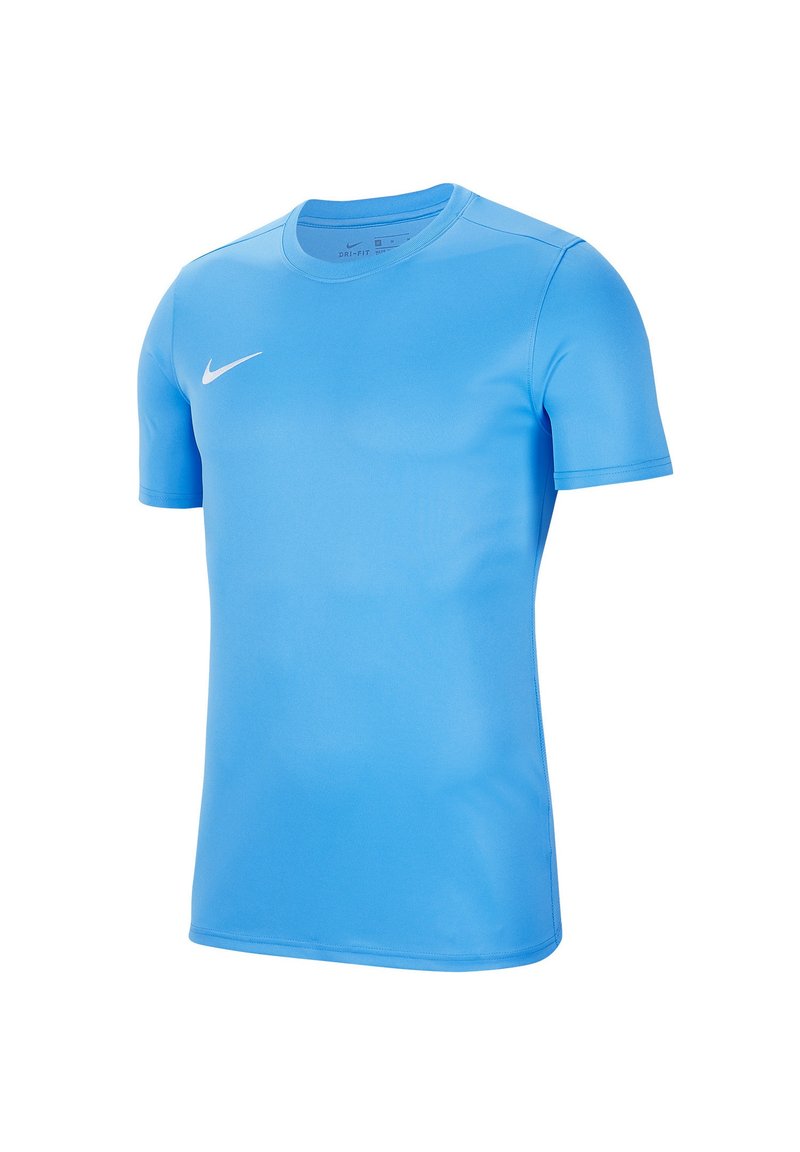 Maglietta sportiva Nike blu, a maniche corte, realizzata in tessuto liscio e leggero. Presenta un logo Nike bianco sulla parte superiore sinistra del petto.