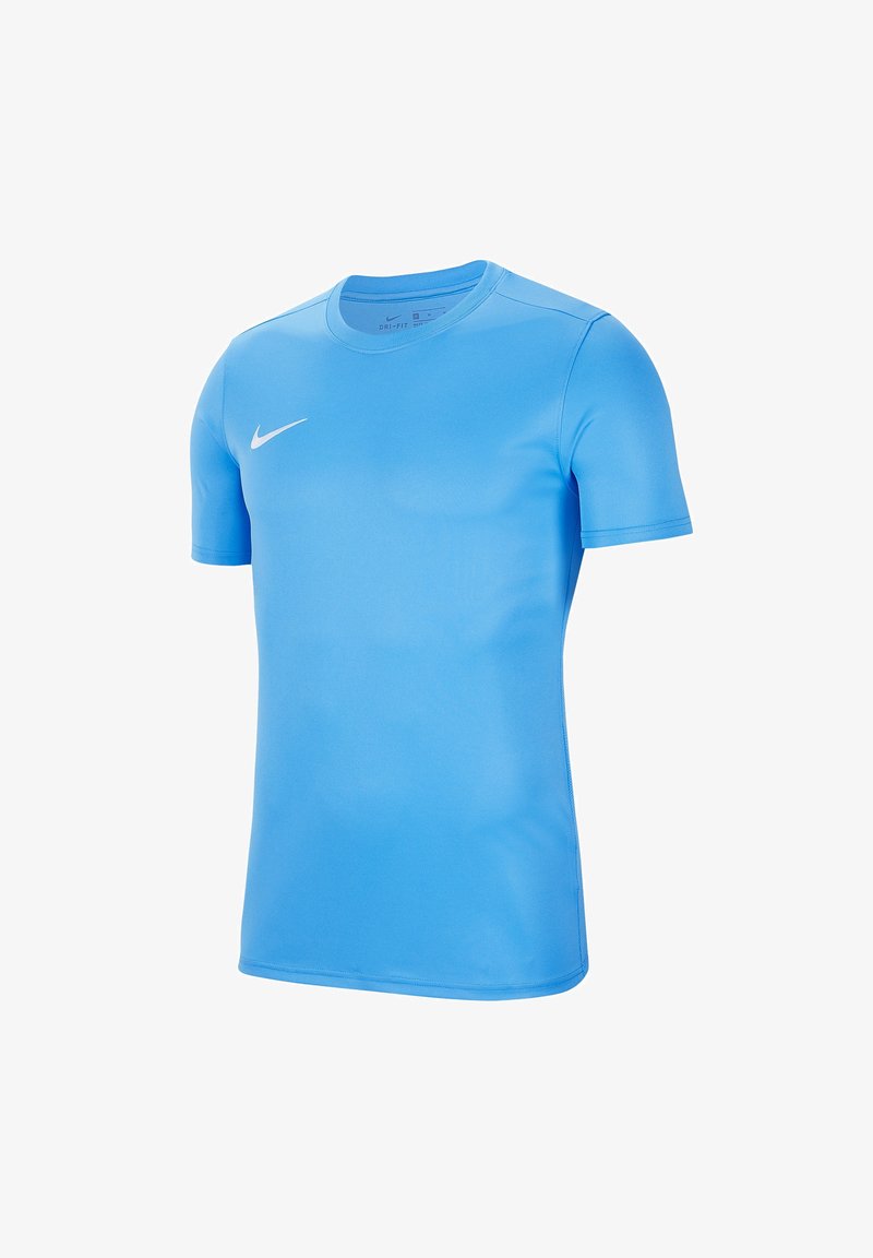 Maglietta sportiva Nike blu, a maniche corte, realizzata in tessuto liscio e leggero. Presenta un logo Nike bianco sulla parte superiore sinistra del petto.