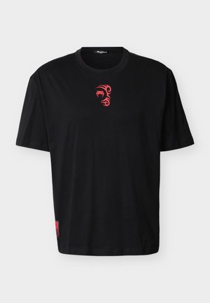 Black cotton t-shirt featuring a red graphic design on the front, wide neckline, short sleeves, and a branded label at the hem.