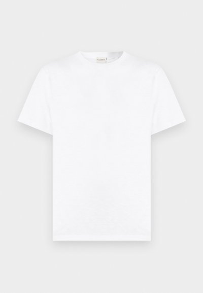 T-shirt blanc uni à manches courtes et col rond, présenté sur un fond gris neutre.