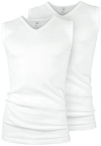 White, sleeveless v-neck t-shirts made from smooth cotton blend fabric, featuring a fitted design and minimal visible stitching detail.