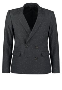 Dwurzędowa marynarka z ciemnej tkaniny w kropkowany wzór, z kołnierzem z wycięciem, dwoma przednimi kieszeniami i zapięciem na guziki.