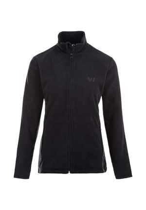 Black fleece jacket with a high collar, full front zip, and side pockets. Features a subtle logo on the left chest. Soft texture.