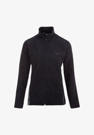 Schwarze Fleecejacke mit hohem Kragen, durchgehendem Reißverschluss und Seitentaschen. Mit dezentem Logo auf der linken Brust. Weicher Stoff.