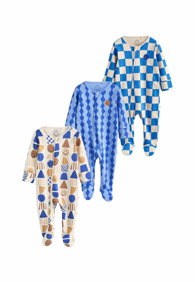 Tres bodies de bebé: uno con patrones geométricos en azul y beige, otro con un estampado de diamantes y otro con formas y caras coloridas.