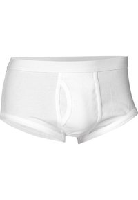 Hvide bomulds boxer briefs med en glat tekstur, elastisk talje og en åbning foran. En simpel, klassisk design uden mønstre.