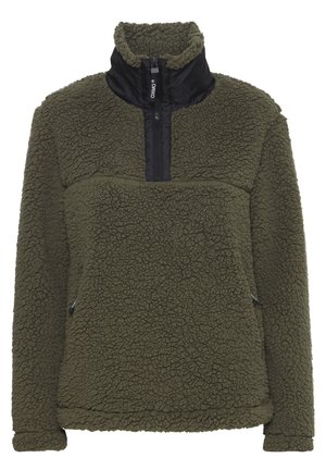 Oliivroheline fliisist pika varrukaga pullover, millel on kõrge kaelus, veerandi tõmblukk ees ja mustad nailonaktsendid. Omab tekstureeritud pinda ja küljetaskuid.