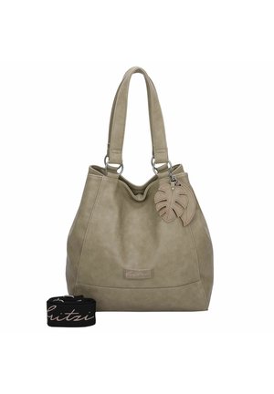 Sac fourre-tout kaki en simili cuir avec poignées doubles, accents métalliques et un charme en forme de feuille. Comprend une bandoulière noire amovible avec le logo.