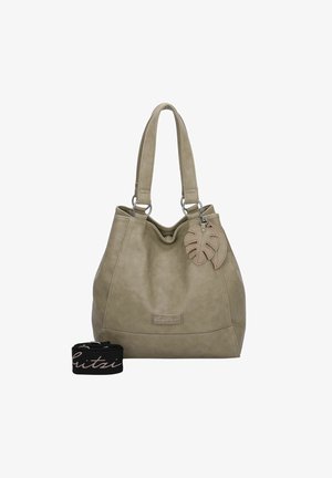 Sac fourre-tout kaki en simili cuir avec poignées doubles, accents métalliques et un charme en forme de feuille. Comprend une bandoulière noire amovible avec le logo.