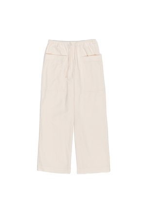 Pantalons larges beige clair en coton, dotés d'une taille à cordon de serrage et de deux poches avant, avec une texture lisse.