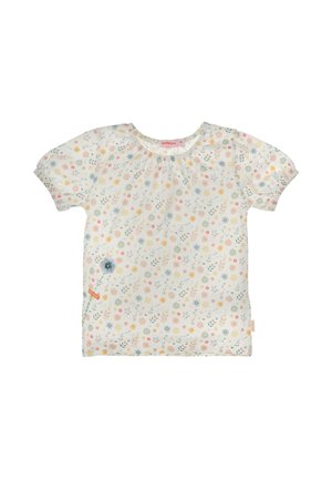 Short-sleeve white toddler shirt with multicolored small floral print and soft elastic neckline and cuffs.