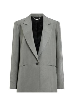 Blazer grigio in un design strutturato, con rever a punta, chiusura con un solo bottone, due tasche frontali e una finitura in tessuto testurizzato.