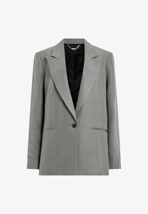 Grauer Blazer in strukturiertem Design, mit Reverskragen, einreihigem Knopfverschluss, zwei vorderen Taschen und texturierter Stoffoberfläche.