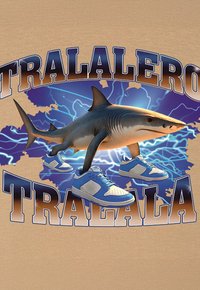Grafika przedstawiająca rekina w niebieskich i białych trampkach, otoczonego elektryzującymi wzorami i odważnym napisem: "TRALALERO TRALALA."