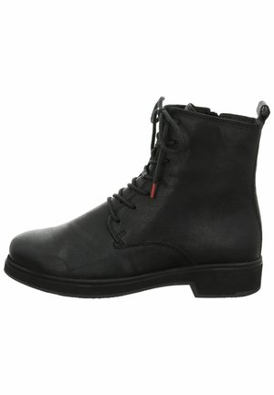 Black leather ankle boots with a rounded toe, featuring a lace-up front, textured surface, and a low, sturdy heel.