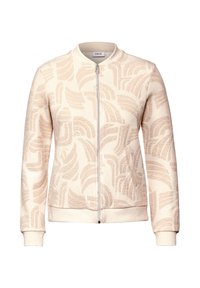 Chaqueta bomber crema con un patrón abstracto texturizado. Cuenta con un cierre frontal, puños y dobladillo acanalados. Material suave y corte relajado.