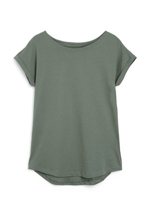 T-shirt vert femme à manches courtes avec poignets roulés et ourlet légèrement incurvé sur fond blanc.