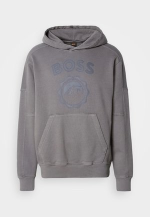 Gray hoodie featuring a front kangaroo pocket, a large "BOSS" logo, and a mountain design. Made of soft fabric with ribbed cuffs and hem.